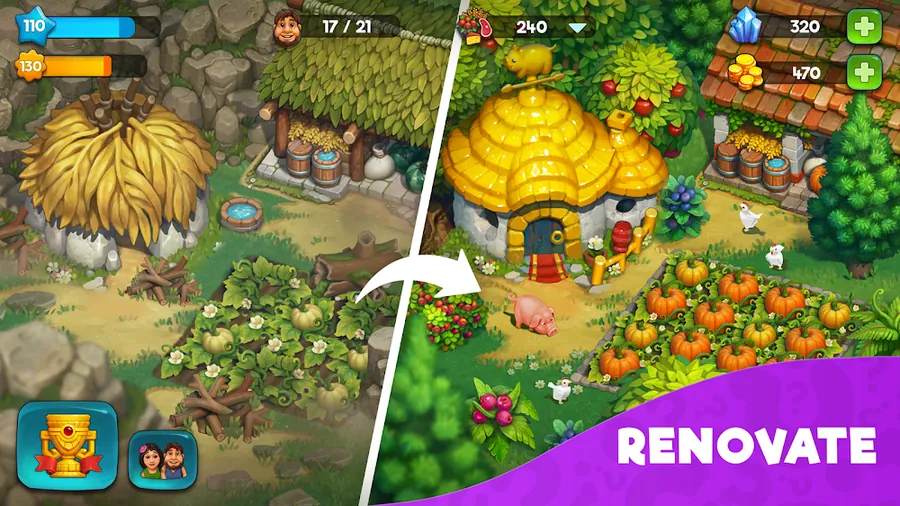 Screenshot of The Tribez: Build a Village showing huts beside a cleared field